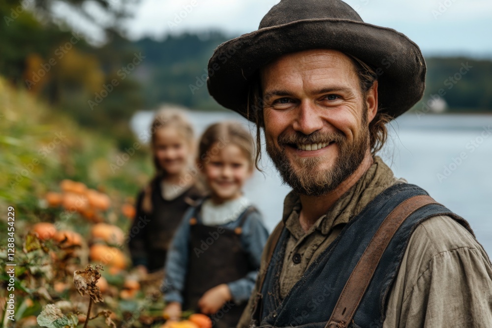 Smiling man with two children in a pumpkin patch by the river on a cloudy autumn day Smiling man with two children in a pumpkin patch by the river on a cloudy autumn day
