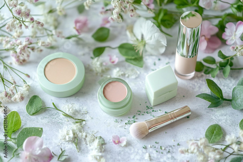 Light spring cosmetics set with floral elements and greenery photo