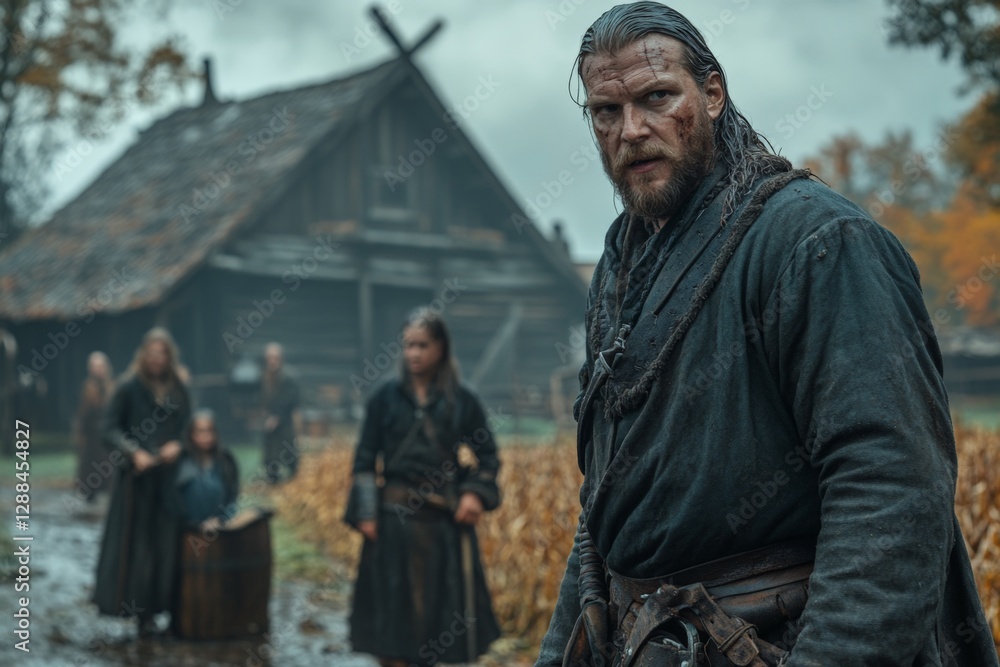 Fototapeta premium Strong warrior stands in a historic village during a gloomy autumn day with villagers in the background