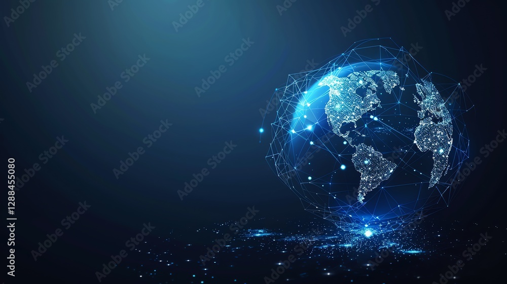 Obraz premium A digital rendering of a globe with lines and dots connecting continents, representing global connectivity.
