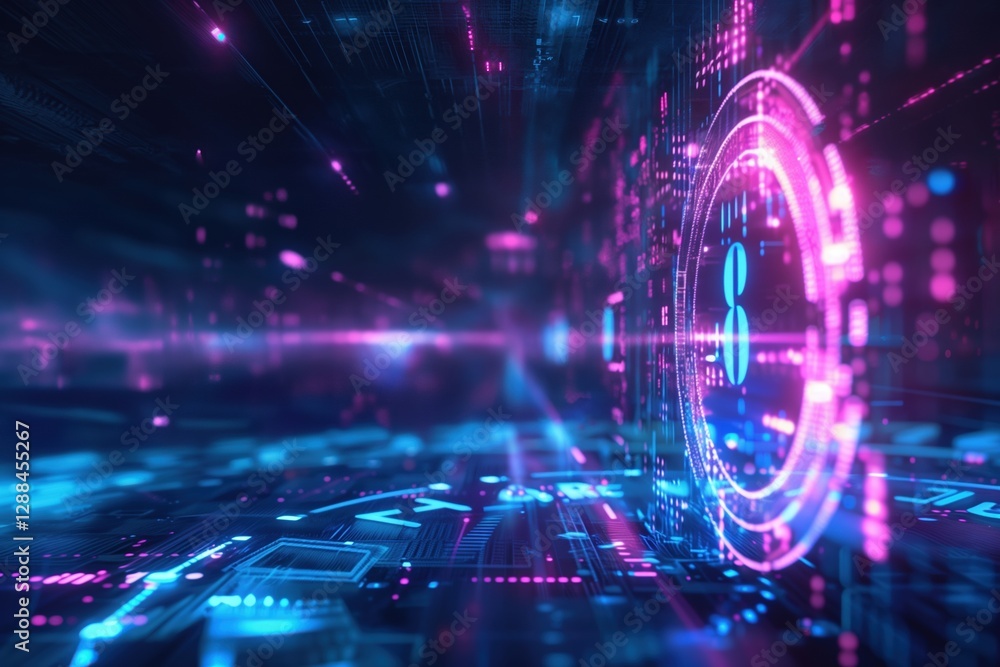 Fototapeta premium Futuristic digital technology background featuring vibrant neon colors of clock, abstract patterns, and dynamic light effects, perfect for time backdrop graphic design projects.