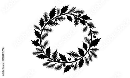 Elegant black and white holly and pine wreath design with seasonal berries