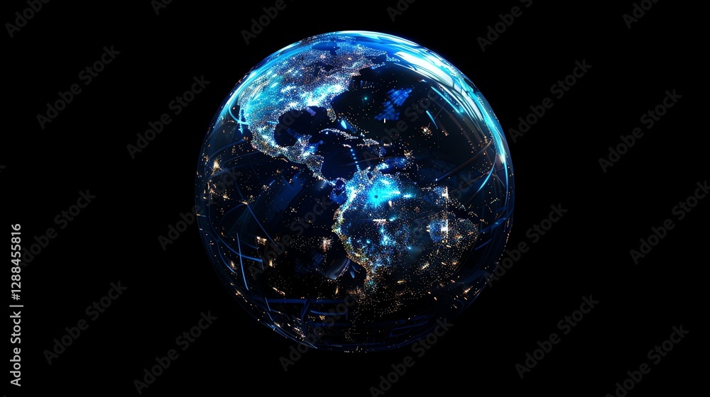 An abstract globe with glowing lines and dots representing cities. An abstract globe with glowing lines and dots representing cities.