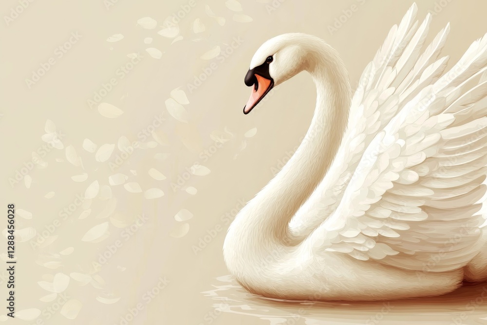 Fototapeta premium Elegant White Swan with Wings Partially Open on Beige Background with Petals