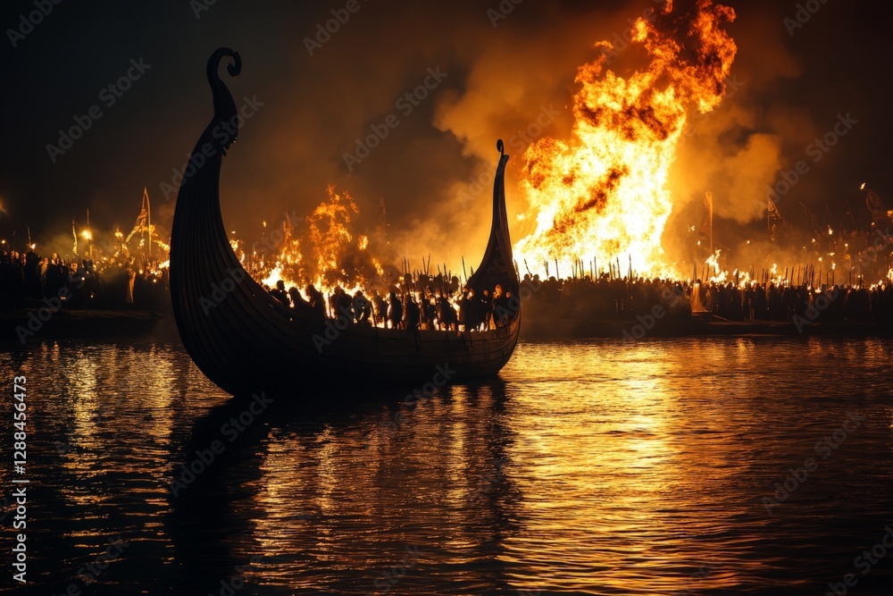 Obraz premium Viking ship surrounded by fire and festivities during a night celebration at a lakeside location