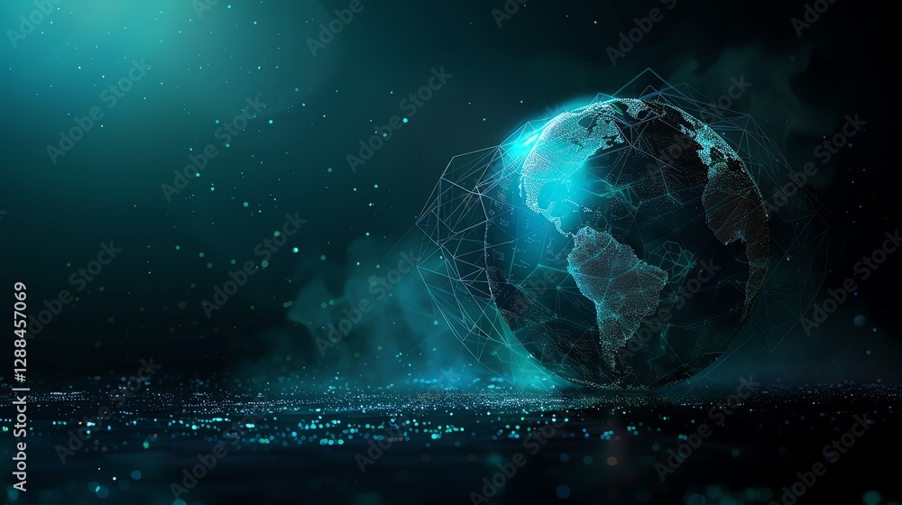 Obraz premium A digital representation of the Earth, glowing and encased in a geometric web.