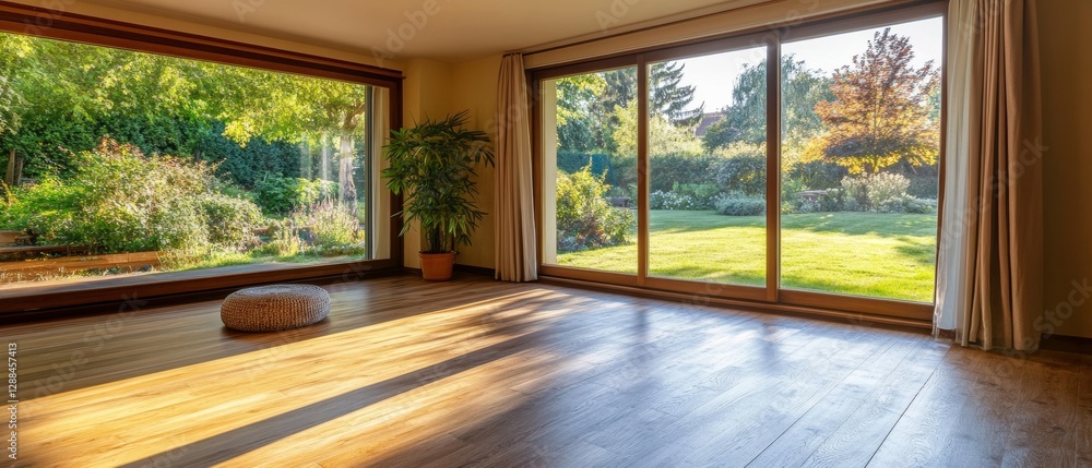 Fototapeta premium Cozy Room with Wooden Floor and Garden View 