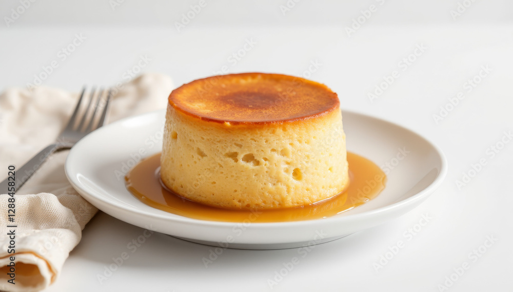 Classic caramel flan on a white plate with syrup. Classic caramel flan on a white plate with syrup.