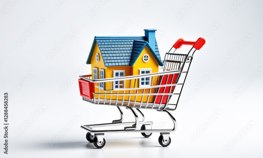 Miniature house inside shopping cart symbolizing real estate market and home buying trends Miniature house inside shopping cart symbolizing real estate market and home buying trends