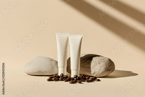 Mock-Up of Eye Cream Packaging Featuring Three Cosmetic Tubes with Natural Stones and Coffee Beans, Perfect for Skincare Product Presentation photo