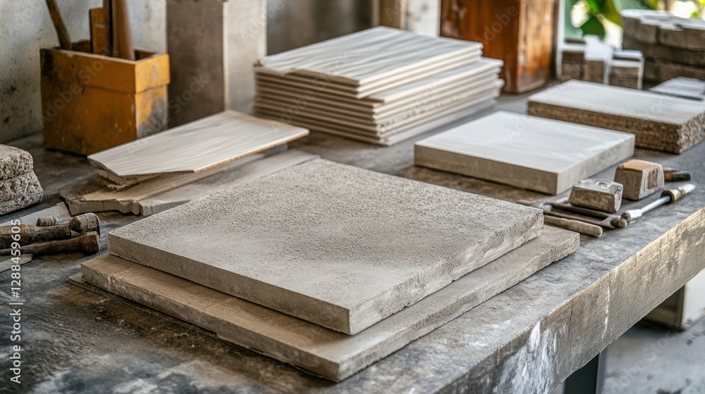 Close-up of various sizes and textures of stone and tile samples on a workbench. Close-up of various sizes and textures of stone and tile samples on a workbench.