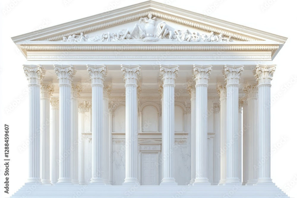 Obraz premium Majestic White Marble Temple Facade with Corinthian Columns Classical Architecture Isolated on White