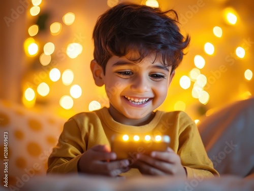 A Joyful Child Uses a Glowing Tablet in a Warmly Lit Room