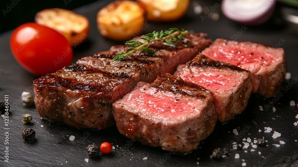 Mouthwatering Grilled Beef Steak Dish Served on a Wooden Platter with Fresh Tomatoes Onions Rosemary and Seasoning Delicious and Savory Culinary Masterpiece Mouthwatering Grilled Beef Steak Dish Served on a Wooden Platter with Fresh Tomatoes Onions Rosemary and Seasoning Delicious and Savory Culinary Masterpiece