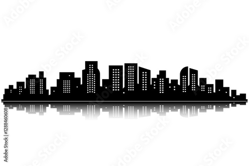 black city silhouette big city design in vector format with windows and reflection at the bottom