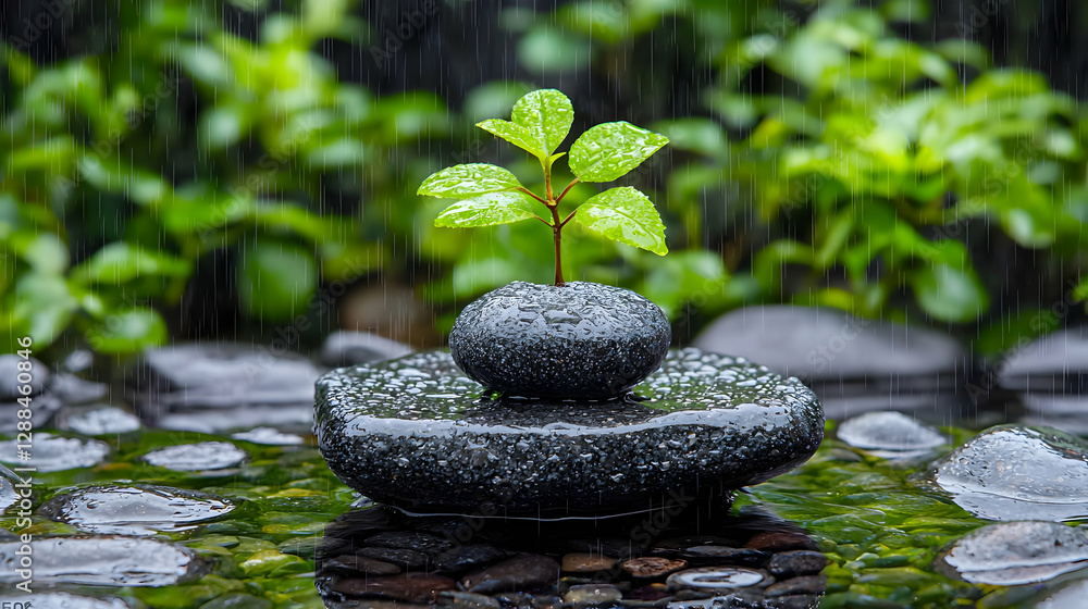 Naklejka premium Young plant growing on rain-soaked stones, serene garden background