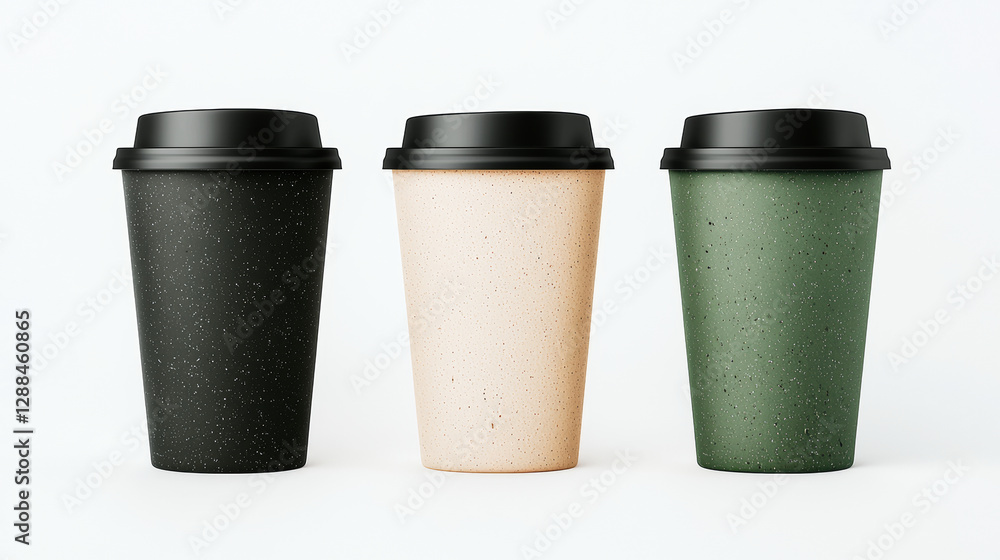 Three compostable coffee cups with plant based coatings in black, beige, and green Three compostable coffee cups with plant based coatings in black, beige, and green