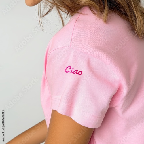 Wallpaper Mural a woman is wearing a pink t-shirt with the word "ciao" in red letters printed on the shoulder . Romantic flirty dating or nasty breakup concept Torontodigital.ca