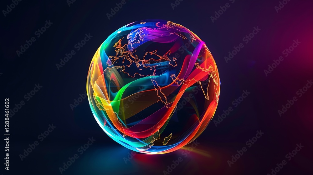 A digital rendering of a globe with colorful, swirling lines on a dark background. A digital rendering of a globe with colorful, swirling lines on a dark background.