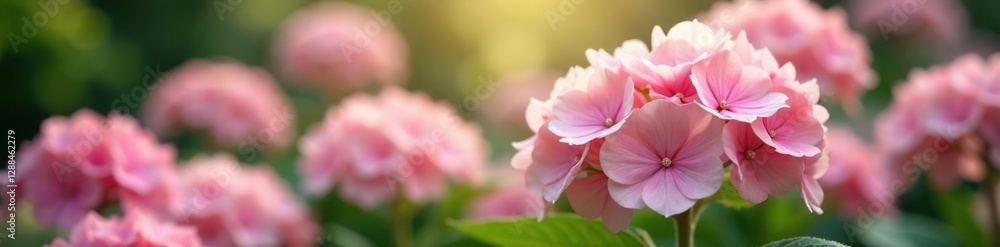 Soft pink hydrangeas in the soft focus blur of a blooming garden, flowers, greenery Soft pink hydrangeas in the soft focus blur of a blooming garden, flowers, greenery