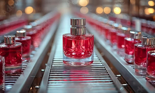 red perfume bottles manufacturing process on production line