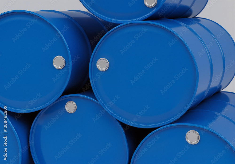Blue metal barrels are stacked in a pyramid shape, representing storage, industry, and potentially hazardous materials Blue metal barrels are stacked in a pyramid shape, representing storage, industry, and potentially hazardous materials