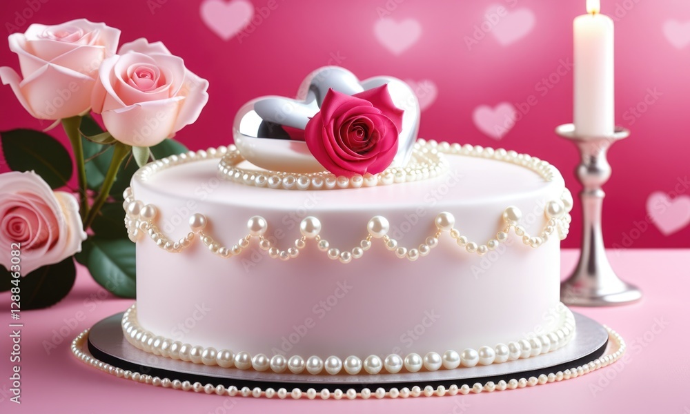 Elegant heartthemed cake with pink roses and pearls for romantic celebrations Elegant heartthemed cake with pink roses and pearls for romantic celebrations