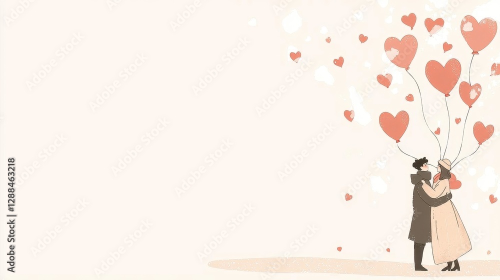 Fototapeta premium abstract-art-style, Couple Love Valentine's day Emotions Man and woman are looking at each other and smiling, she is holding red heart-shaped balloons ,space for text,