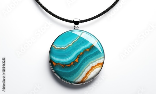 Elegant agate pendant necklace with turquoise and orange stripes on black cord