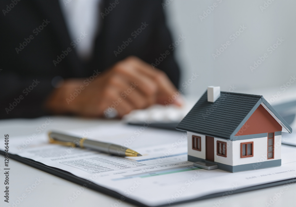 Real estate agent using calculator to calculate the cost of investing in a new property for a client