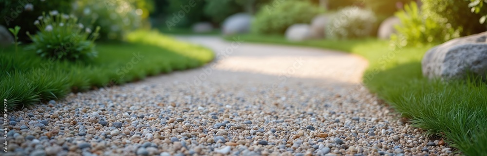 Wide panoramic photo of curved gravel pathway leading through landscaped garden. Curved path flows with calmness, accessibility. Pebble stone surface surrounded by green plants shrubbery. Natural Wide panoramic photo of curved gravel pathway leading through landscaped garden. Curved path flows with calmness, accessibility. Pebble stone surface surrounded by green plants shrubbery. Natural