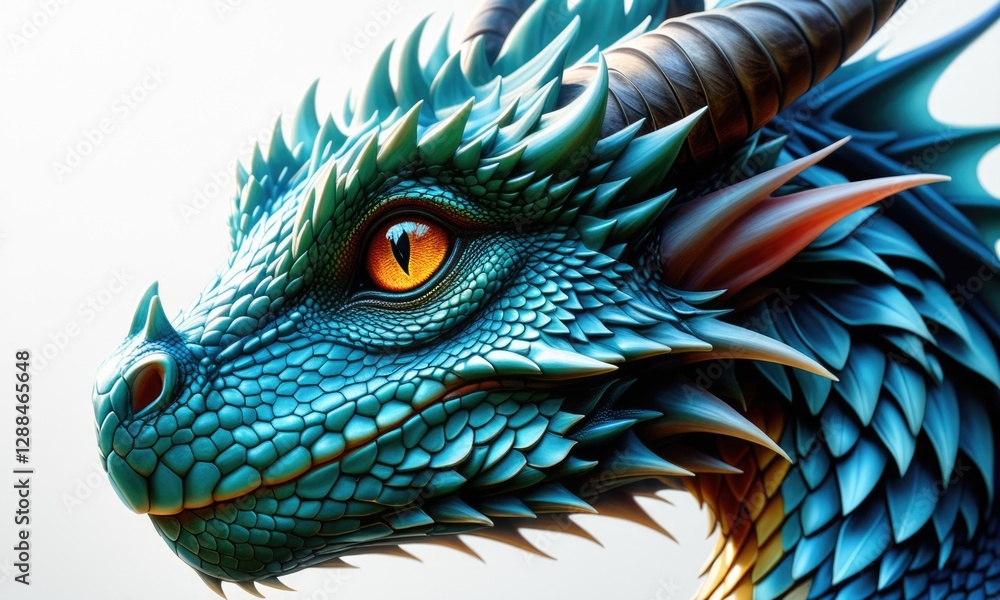 Obraz premium Vibrant blue dragon closeup with intricate scales and intense eyes