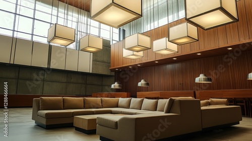 Spacious Lounge with Modern Lighting and Neutral Tones 