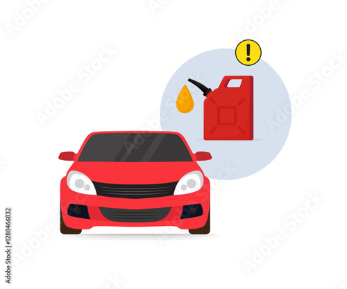 Red car with gas can icon and warning symbol, indicating low fuel or refueling needed