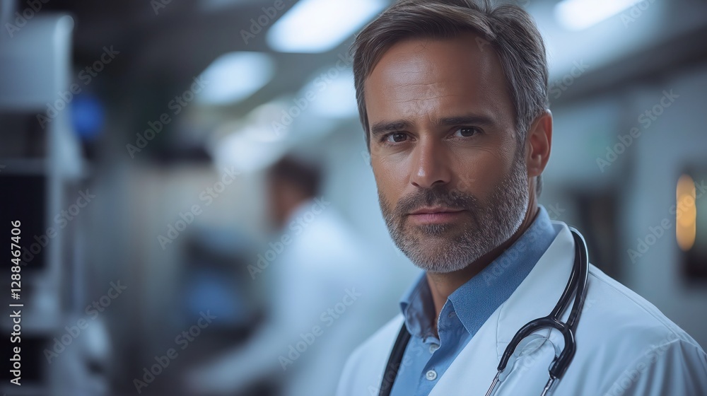 Fototapeta premium doctor in hospital setting reviewing patient charts with calm professional demeanor
