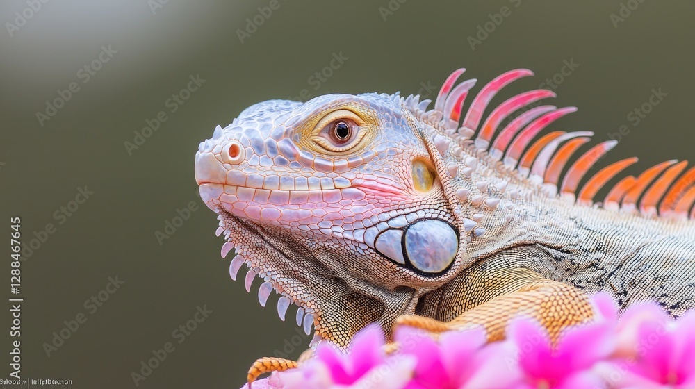Fototapeta premium Close-up of colorful iguana with pink flowers