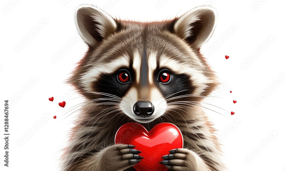Cute raccoon holding heart amidst falling hearts on white background Cute raccoon holding heart amidst falling hearts on white background