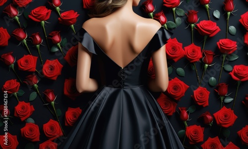 Elegant woman in black dress surrounded by red roses on a dark background