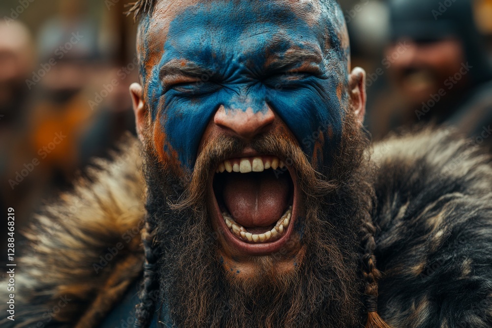 Warrior with blue face paint passionately yells during a historic reenactment in a forested area Warrior with blue face paint passionately yells during a historic reenactment in a forested area