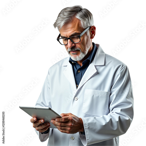 Professional portrait of a senior doctor with a tablet, isolated on transparent background. Ideal for medical, science, technology, and corporate themes. Depicts expertise and focus.