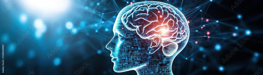 Artificial Intelligence and Machine Learning Background Concept with Digital Human Head Silhouette, Glowing Lights, and Data Points in the Dark Space Artificial Intelligence and Machine Learning Background Concept with Digital Human Head Silhouette, Glowing Lights, and Data Points in the Dark Space