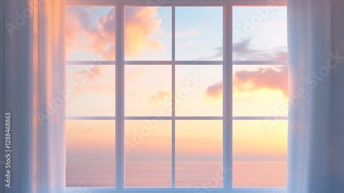 A serene window view showcasing a colorful sunset with soft clouds and gentle light filtering through sheer curtains.