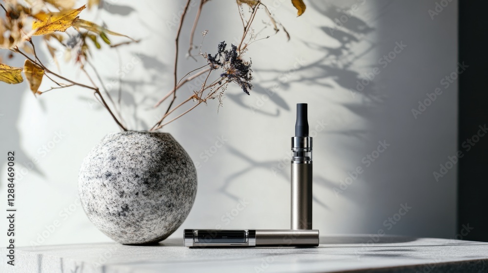 Vaping device on a polished stone surface with a decorative vase. Featuring modern simplicity and serenity Vaping device on a polished stone surface with a decorative vase. Featuring modern simplicity and serenity