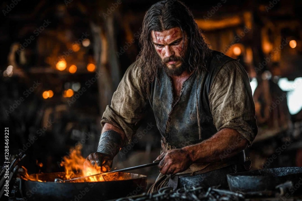 Fototapeta premium Skilled blacksmith working in a rustic forge, crafting tools amidst glowing flames and metal sparks