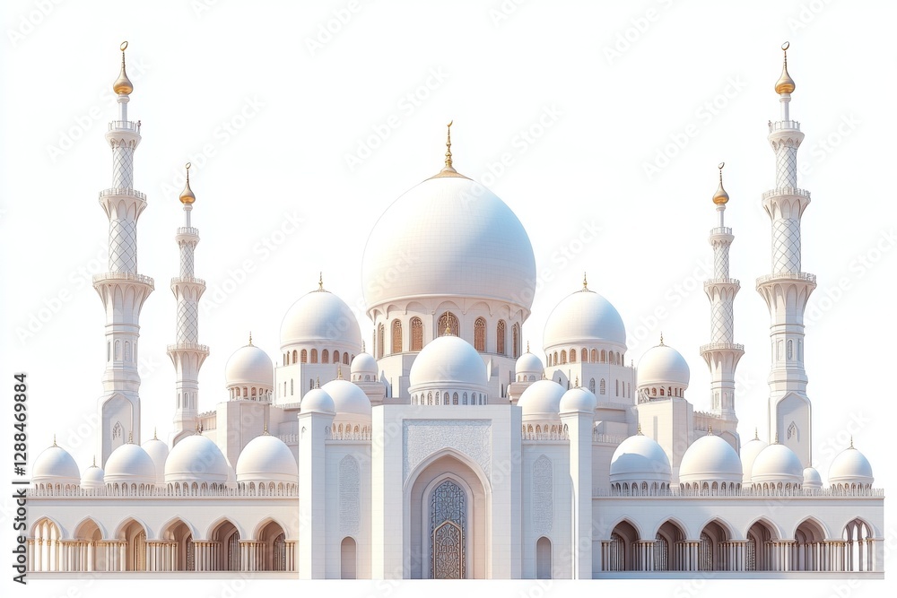 Obraz premium Majestic Grand Mosque Architectural Exterior White Domes Minarets Islamic Architecture