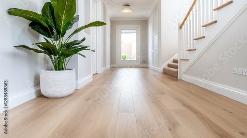 Modern hallway with oak flooring and plants