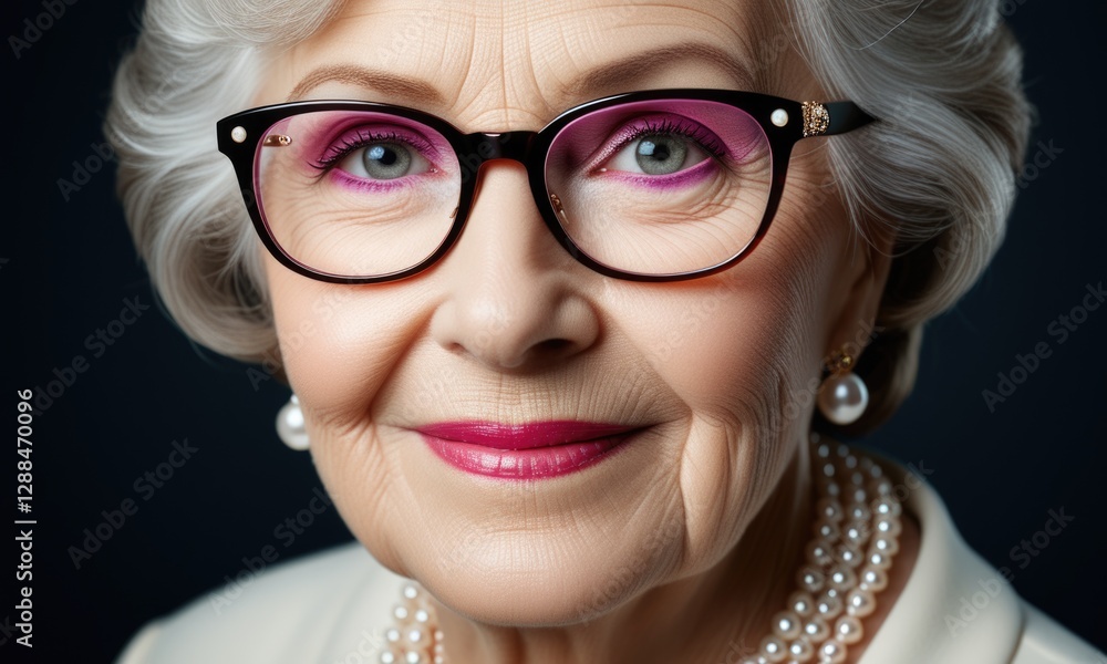 Elegant elderly woman with pink makeup and pearls smiling gracefully Elegant elderly woman with pink makeup and pearls smiling gracefully