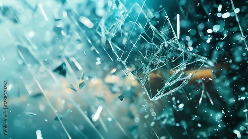 Close-up of shattered glass with bokeh lights in the background. photo