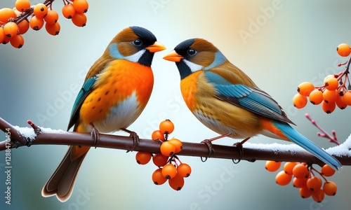 Colorful birds on snowy branch with bright berries