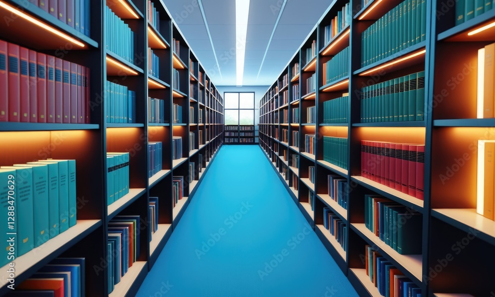 Modern library aisle with colorful books and bright lighting in a contemporary setting Modern library aisle with colorful books and bright lighting in a contemporary setting
